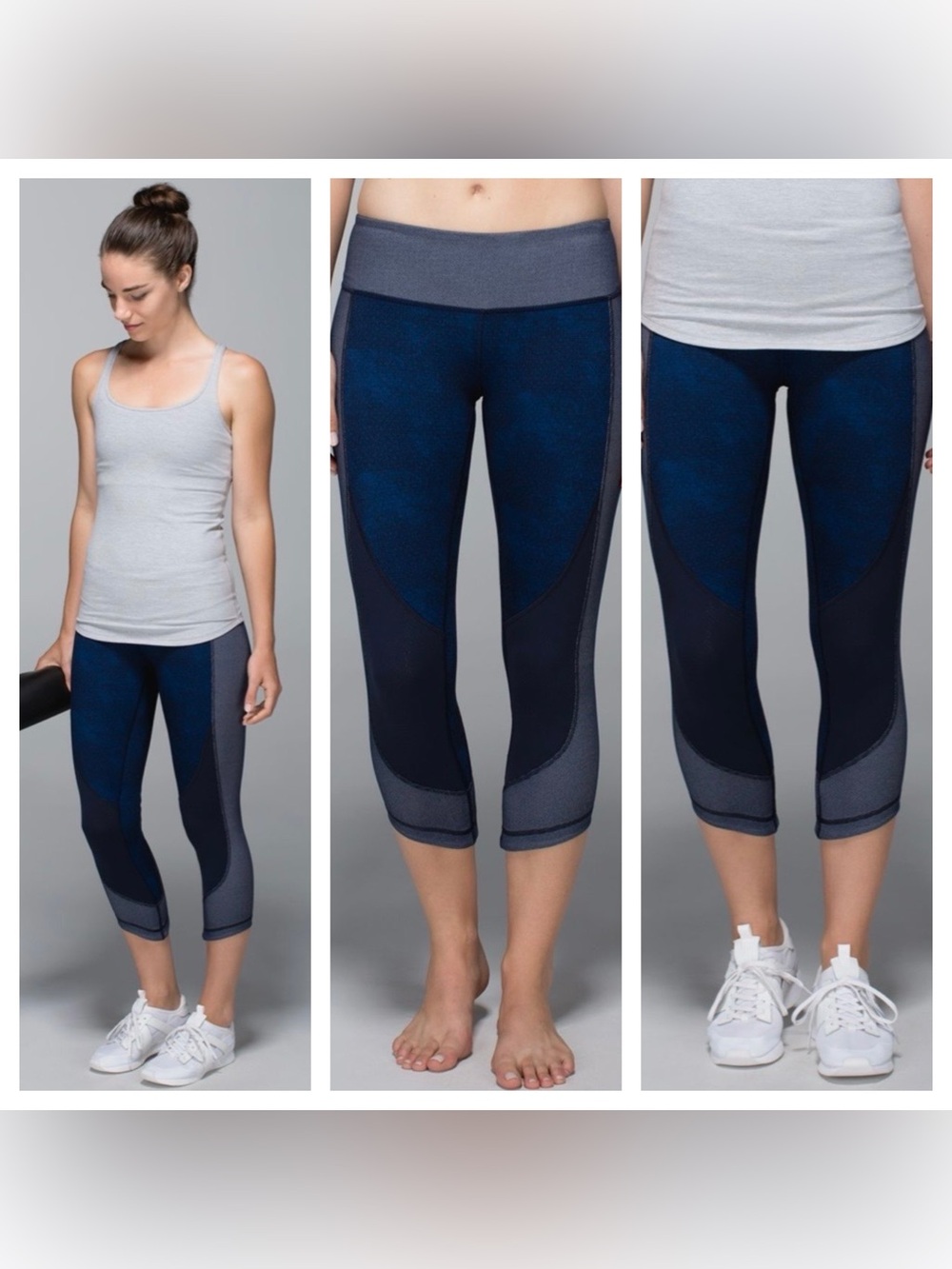 Sz 4 Lululemon Wunder Under Crop Sashiko Leggings Blue & Grey